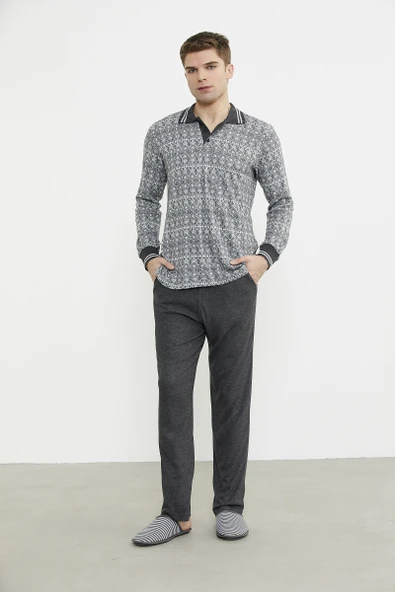 Yumuşak Dokulu Polo Yaka Pijama Takım - Antrasit ürün görseli 1