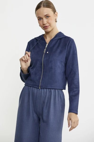 Süet Görünümlü Fermuarlı Kısa Mont - Lacivert - Resim 4