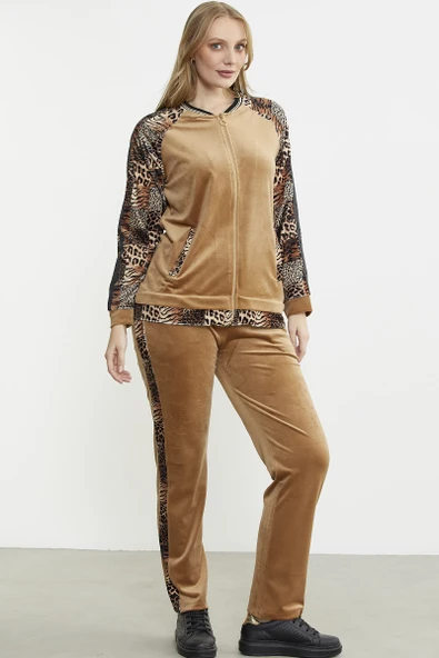 Leopar Kombinli Kadife Eşofman Takım - Bej - Resim 4