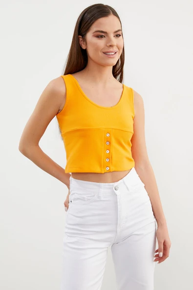 Askılı Düğme Detaylı Ribana Crop Tişört - Oranj - 4