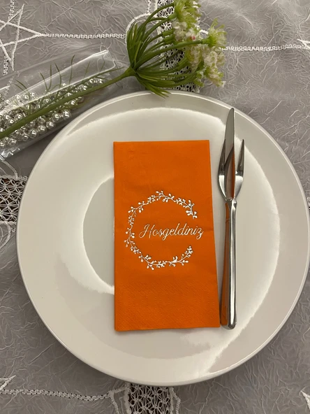 Gümüş Yaldızlı Turuncu Hoşgeldiniz Garson Peçete 16 Adet ürün görseli 1