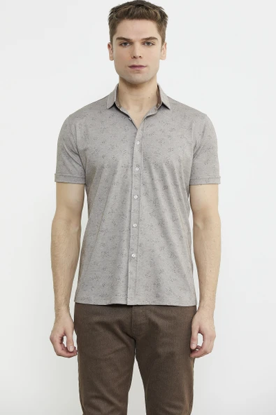 Slim Fit Baskılı Penye Gömlek - Vizon - 2