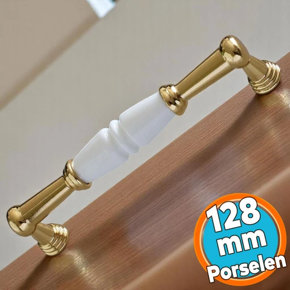 Mobilya Mutfak Kulp Çekmece Dolap  Kulplar Kapak Kulpu Kulbu Gerçek Porselen Beyaz-Altın 128 mm