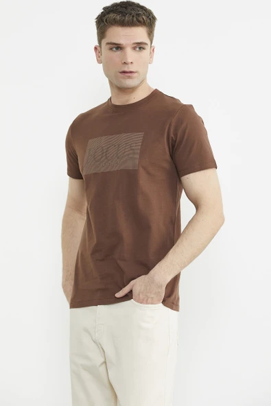 Bisiklet Yaka Baskılı Basic Tişört - Kahve - 3