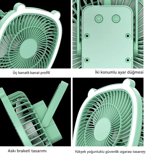 Çok Fonksiyonlu Küçük Vantilatör Aydınlatmalı Ofis Yatak Odası Dış Mekan Kampı İçin Yeşil - 5