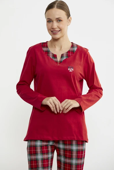 Düz Kombinli Ekose Pijama Takım - Kırmızı - 3