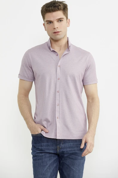 Kısa Kol Slim Fit Penye Gömlek - Açık Lila - 3