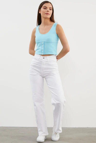 Askılı Düğme Detaylı Ribana Crop Tişört - Mavi - Resim 3