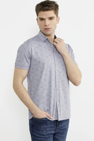 Slim Fit Baskılı Penye Gömlek - Lila - 4