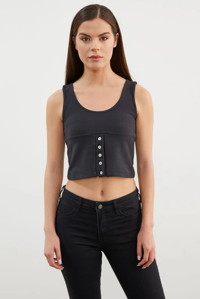 Askılı Düğme Detaylı Ribana Crop Tişört - Siyah ürün görseli 1