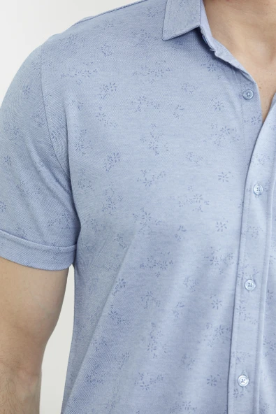 Slim Fit Baskılı Penye Gömlek - Mavi - 5