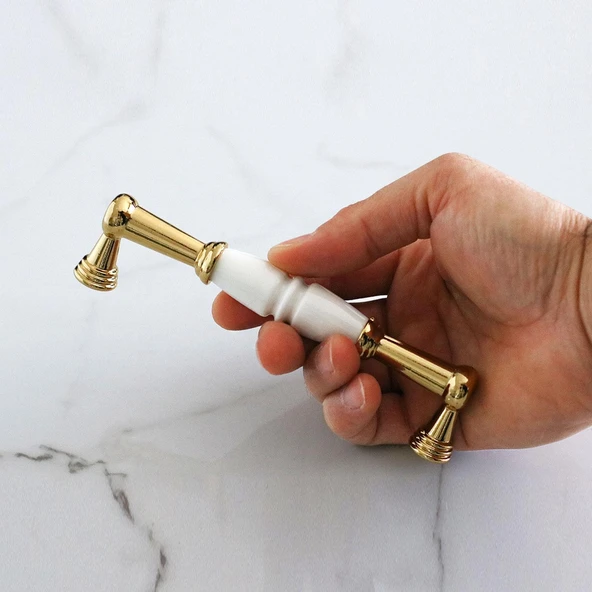 Mobilya Mutfak Kulp Çekmece Dolap  Kulplar Kapak Kulpu Kulbu Gerçek Porselen Beyaz-Altın 128 mm - Resim 3