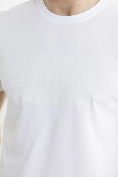 Bisiklet Yaka Baskılı Basic Tişört - Beyaz - Resim 4