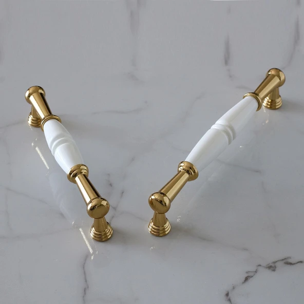 Mobilya Mutfak Kulp Çekmece Dolap  Kulplar Kapak Kulpu Kulbu Gerçek Porselen Beyaz-Altın 128 mm - Resim 5