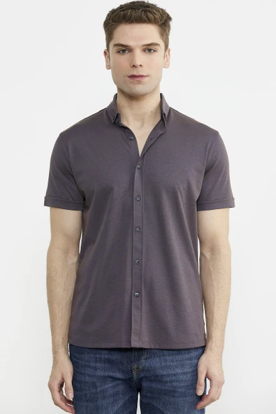 Kısa Kol Slim Fit Penye Gömlek - Mor - 2