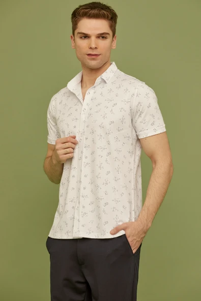 Slim Fit Baskılı Penye Gömlek - Beyaz - 4
