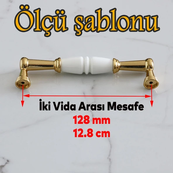 Mobilya Mutfak Kulp Çekmece Dolap  Kulplar Kapak Kulpu Kulbu Gerçek Porselen Beyaz-Altın 128 mm - Resim 2