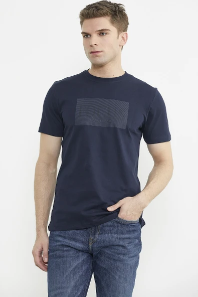 Bisiklet Yaka Baskılı Basic Tişört - Lacivert - 2