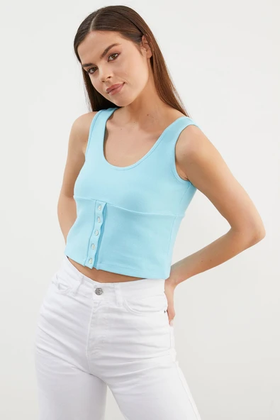 Askılı Düğme Detaylı Ribana Crop Tişört - Mavi - Resim 4