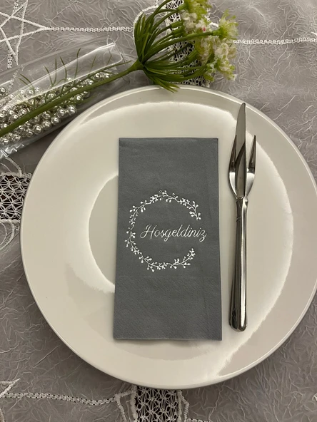 Gümüş Yaldızlı Gri Hoşgeldiniz Garson Peçete 16 Adet ürün görseli 1