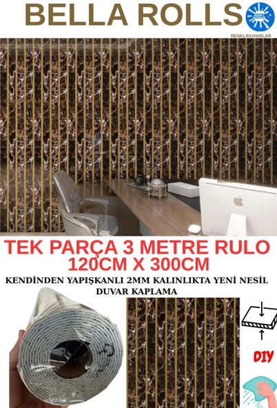 120cmx300cm Tek Parça Yapışkanlı Rulo Gold Çizgili Mermer Desenli Duvar Paneli Kağıdı Beykent QM0134 - 1