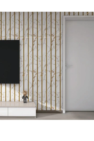 120cmx300cm Tek Parça Yapışkanlı Rulo Gold Beyaz Mermer Desenli Duvar Paneli Kağıdı Fatih QM0135 - 5