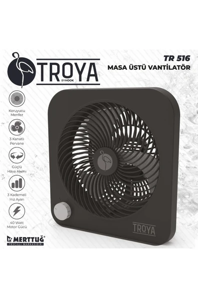 Troya By Hook Tr-516 Masaüstü Vantilatör 3 Kanatlı 3 Kademeli Vantilatör