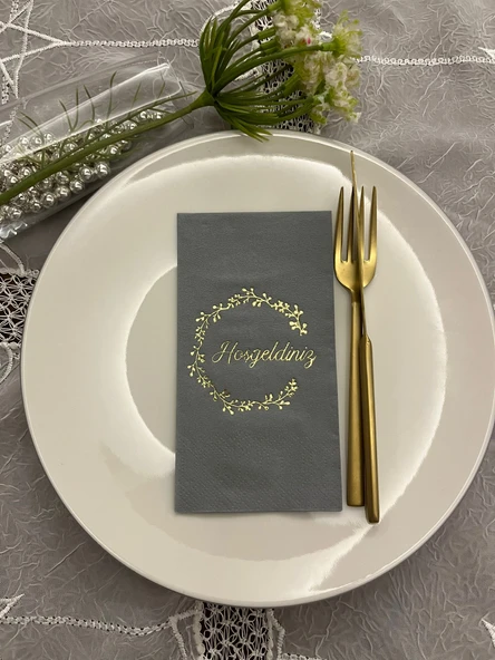 Gold Yaldızlı Gri Hoşgeldiniz Garson Peçete 16 Adet ürün görseli 1