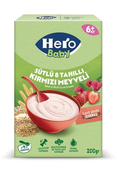 Hero Baby Sütlü Kırmızı Meyveli 8 Tahıllı Kaşık Mama 200g