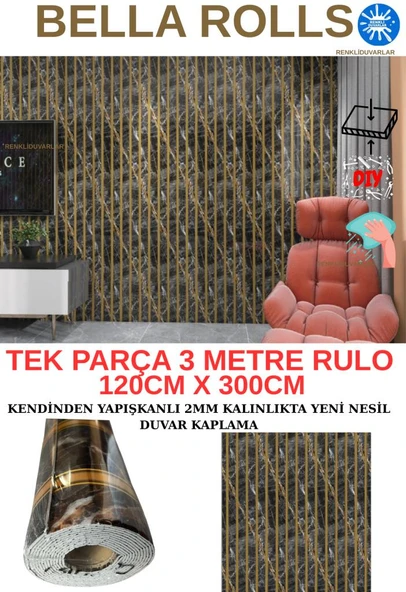120cmx300cm Tek Parça Yapışkanlı Rulo Gold Mermer Desenli Parlak Duvar Paneli Kağıdı Florya QM0139