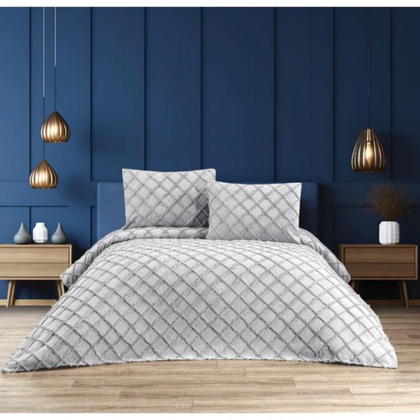 Ekol Baklava Model 3 Parça Açık Gri Rengi 1 Yatak Örtüsü (240x250 cm) +2 yastık kılıfı (50x70) cm