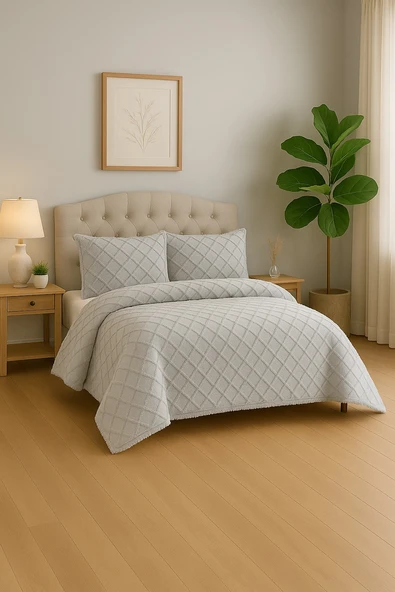 Ekol Baklava Model 3 Parça Açık Gri Rengi 1 Yatak Örtüsü (240x250 cm) +2 yastık kılıfı (50x70) cm - 2