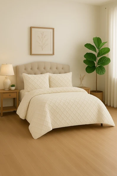 Ekol Baklava Model 3 Parça Krem Rengi 1 Yatak Örtüsü (240x250 cm) +2 yastık kılıfı (50x70) cm - 2