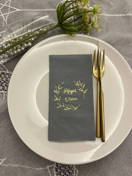 Gold Yaldızlı Gri Afiyet Olsun Çiçekli Çelenk Garson Peçete 16 Adet ürün görseli 1