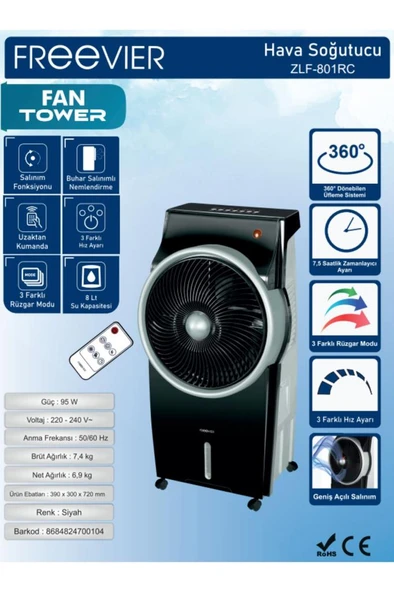 Fan Tower ZLF-801RC Siyah Hava Soğutucu - 3