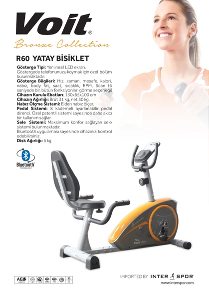 Voit R60 Bronze Collection Yatay Kondisyon Bisikleti | Bluetooth Destekli, 8 Kademe Dirençli, LED Ekranlı, Nabız Ölçerli - 3