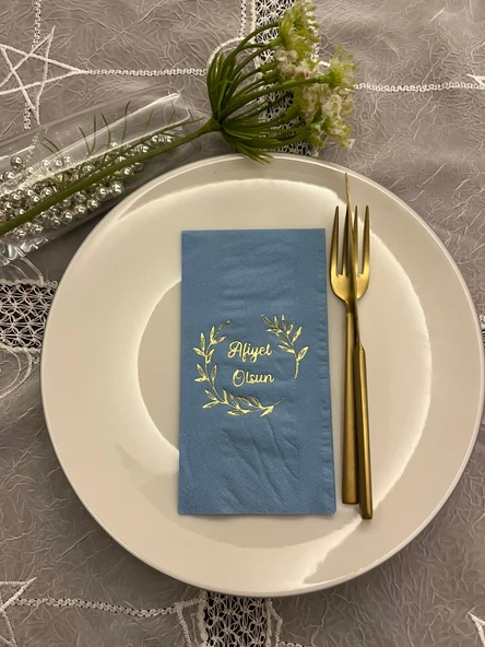 Gold Yaldızlı Mavi Afiyet Olsun Çiçekli Çelenk Garson Peçete 16 Adet ürün görseli