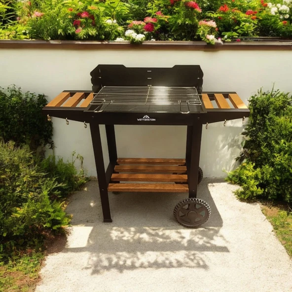 Wetterstein Tekerlekli Mangal, Ahşap Sehpalı/Raflı, Barbekü S MODEL