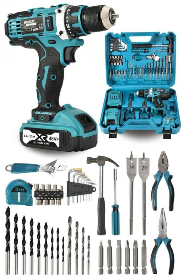 Assur Pro Plus 48vf 6ah 45 Parça Full Setli Çift Bataryalı X-LİNE Metal Şanzımanlı Şarjlı Matkap Vidalama
