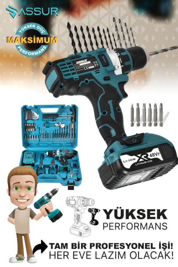 Assur Pro Plus 48vf 6ah 45 Parça Full Setli Çift Bataryalı X-LİNE Metal Şanzımanlı Şarjlı Matkap Vidalama - 3