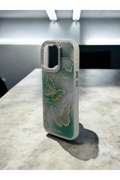 DUBİGOLD İPHONE 16 PRO UYUMLU RENKLİ TAŞ İŞLEMELİ KELEBEK FİGÜRLÜ LÜX KILIF - 3