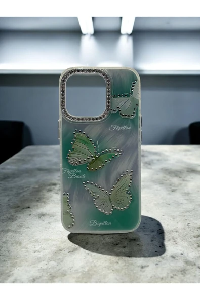 DUBİGOLD İPHONE 16 PRO UYUMLU RENKLİ TAŞ İŞLEMELİ KELEBEK FİGÜRLÜ LÜX KILIF