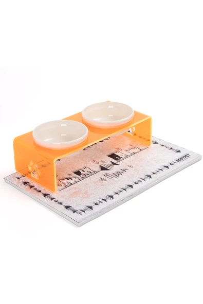 2'li Turuncu Pleksi Dekoratif Kedi Ve Köpek Seramik Mama & Su Kabı Paspas Hediye - 6