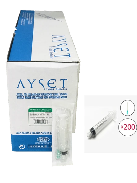 Ayset Luer Lock Kilitli İğneli Enjektör 5 ML 21G 200'lü (1 Kutu)