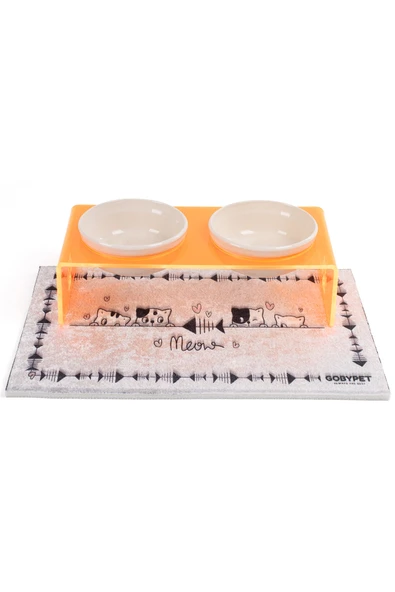 2'li Turuncu Pleksi Dekoratif Kedi Ve Köpek Seramik Mama & Su Kabı Paspas Hediye - 7
