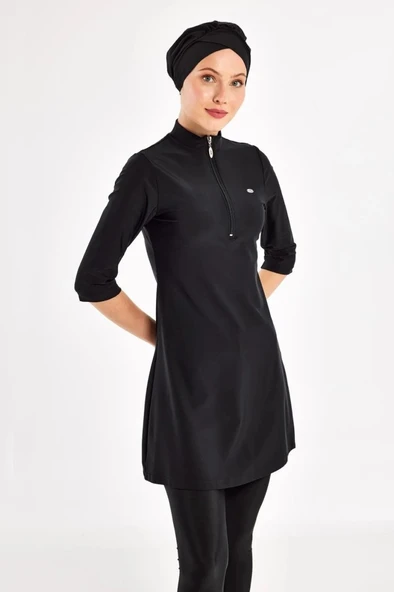 Adasea 251601 Anda Siyah Diresk Kol Fermar Detaylı Yarı Kapalı Battal Tesettür Mayo - Resim 8