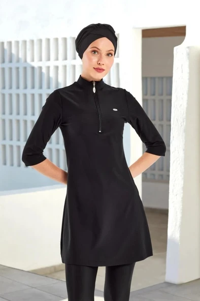 Adasea 251601 Anda Siyah Diresk Kol Fermar Detaylı Yarı Kapalı Battal Tesettür Mayo ürün görseli