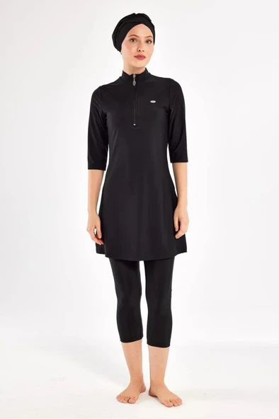 Adasea 251601 Anda Siyah Diresk Kol Fermar Detaylı Yarı Kapalı Battal Tesettür Mayo - Resim 2