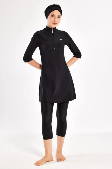 Adasea 251601 Anda Siyah Diresk Kol Fermar Detaylı Yarı Kapalı Battal Tesettür Mayo - Resim 5