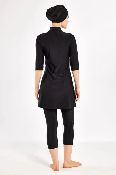 Adasea 251601 Anda Siyah Diresk Kol Fermar Detaylı Yarı Kapalı Battal Tesettür Mayo - Resim 3